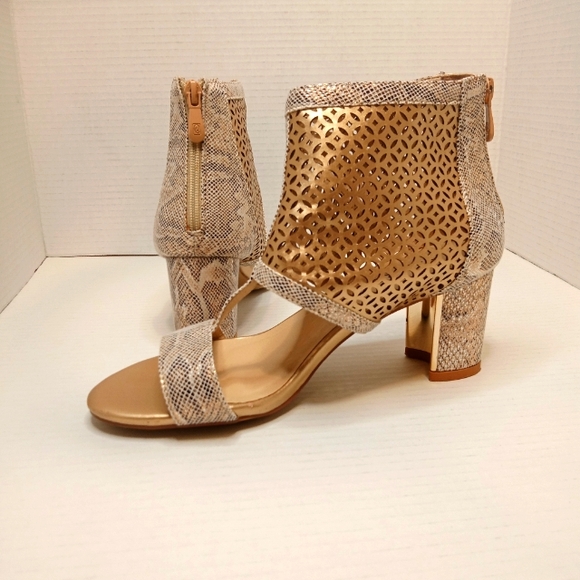 Ashro Open Toe Block Heel Booties Gold & Snake Print Sz 8.5 - Picture 13 of 13